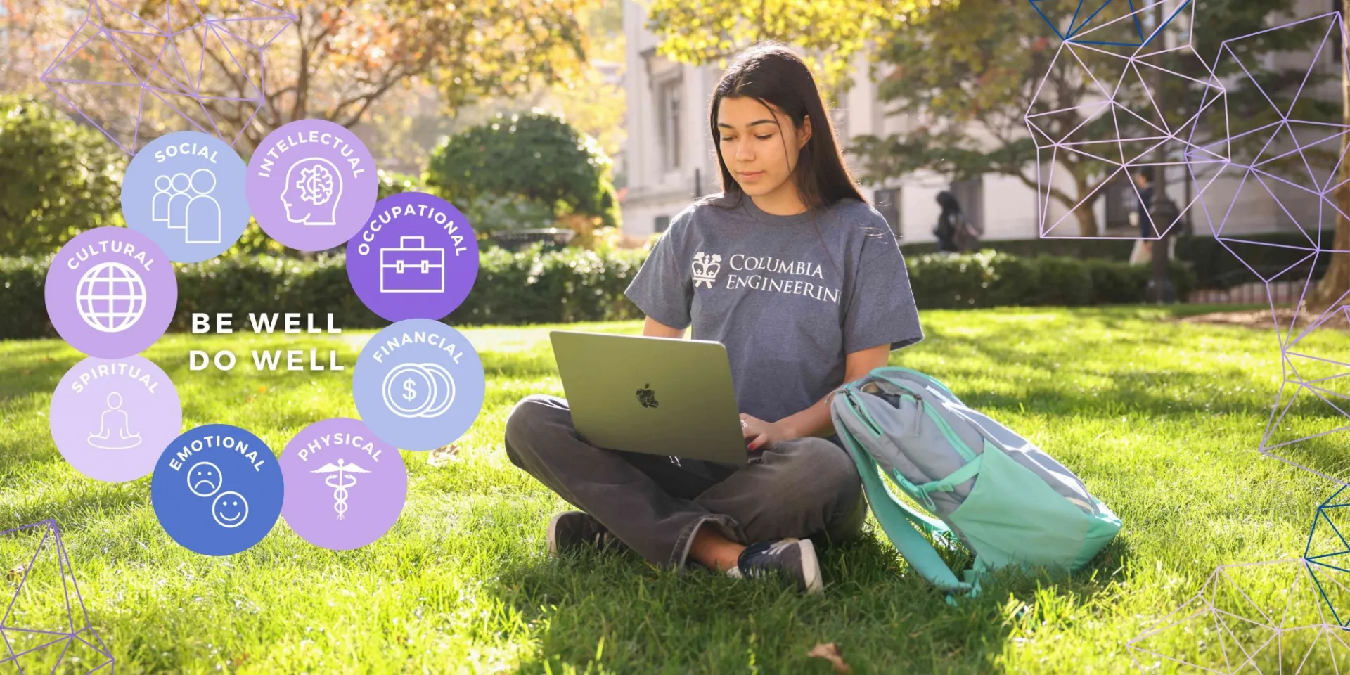Dimensions of wellness superimposed over an image of an Engineering student studying on a grassy green lawn